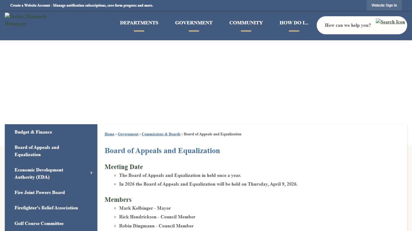 Board of Appeals and Equalization Becker, MN